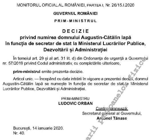 Decizia numirii lui Cătălin Iapă în funcția de secretar de stat la Ministerul Dezvoltării